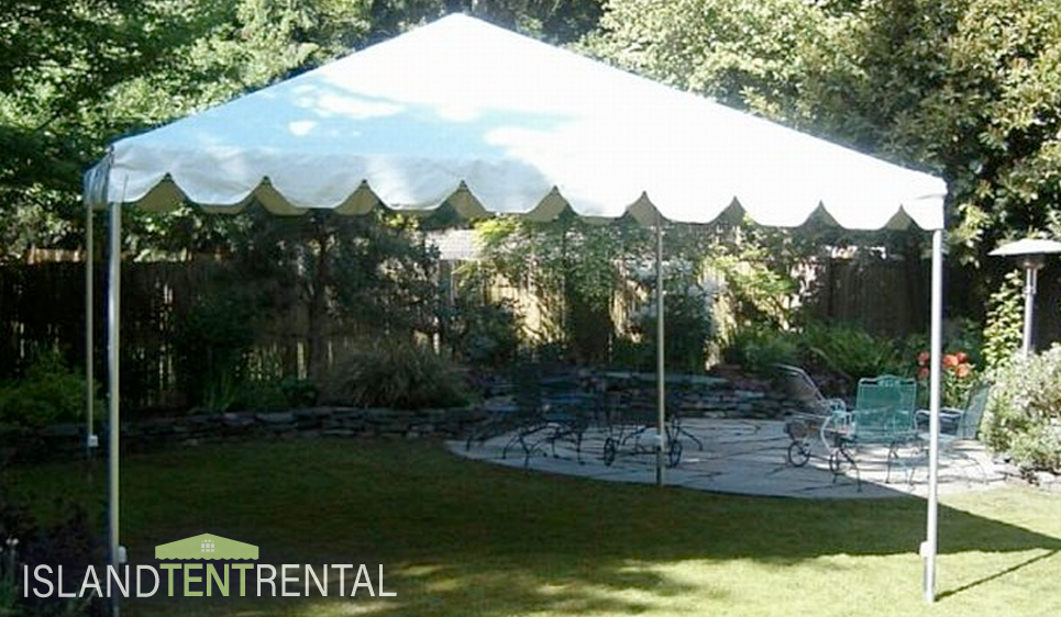 15 by 15 tent set up in a residential backyard